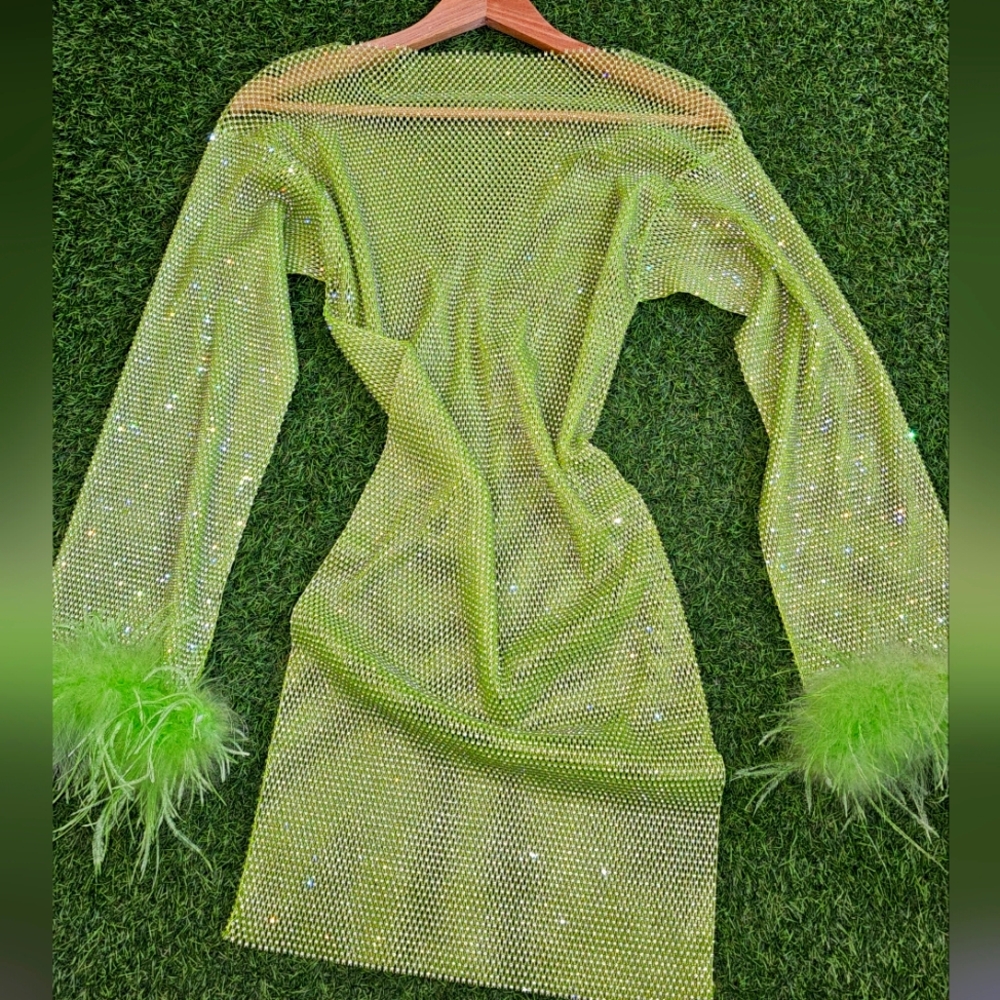Rhinestone Lime Green Mesh Dress with Feather Cuffs Love It!